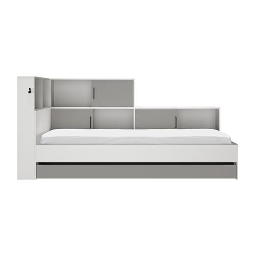 Diagone Bett mit Stauräumen 90 x 200 cm – Erwan – Spanplatten – Weiß und Grau – modern Schlafzimmer – L221 x T120 x H104 cm