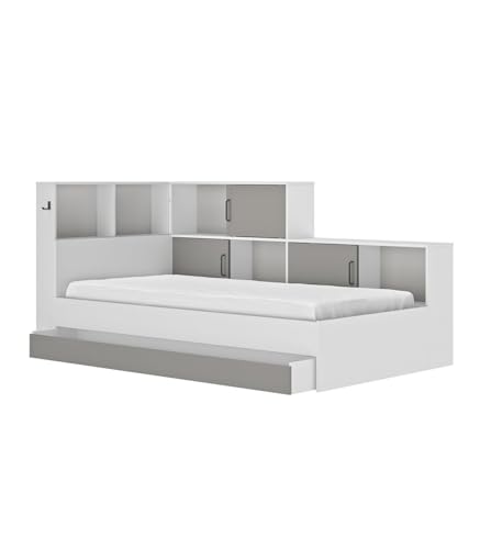 Diagone Bett mit Stauräumen 90 x 200 cm – Erwan – Spanplatten – Weiß und Grau – modern Schlafzimmer – L221 x T120 x H104 cm