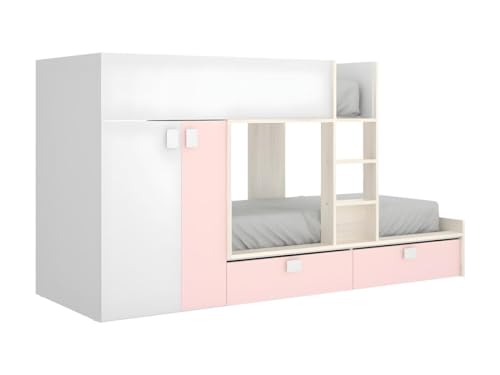 Rimobel Etagenbett mit Kleiderschrank - 2X 90 x 190 cm - Weiß, Naturfarben & Rosa - JUANITO