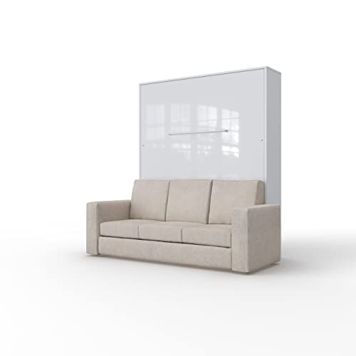 INVENTO Schrankbett mit Sofa - Beige- Aufklappbett mit dimmbare LED-Beleuchtung - 160 x 200 cm - Nachhaltige Materiellen - Klappbett für Gästezimmer - Wohnzimmer (Weiß/Weiß Matt)