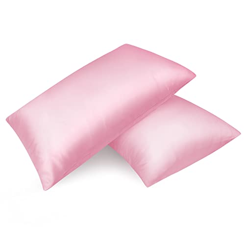 Fittia 2er-Set Satin Kissenbezug Premium Kopfkissenbezug Kissenhülle Haar- und Hautpflege Seidig mit Reißverschluss, Rosa, 40x80cm