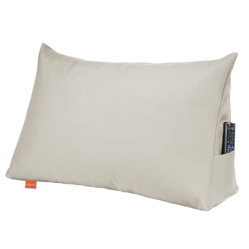 sleepling Rückenkissen Keilkissen für Bett und Sofa, Lendenkissen, dreieckiges Lesekissen, Kissen mit abnehmbarem waschbarem Bezug, Seitenfach, 70 cm breit, beige