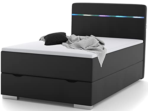 wonello Boxspringbett 120x200 mit Bettkasten, LED Beleuchtung und 2X USB Anschluss - gemütliches Bett mit einzigartiger Optik - Stauraumbett 120 x 200 cm beleuchtet schwarz mit Matratze und Topper