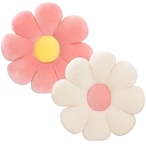 Luckbanjie 2 x Blumenkissen – Gänseblümchen-Blumenform, niedliche Blumen-Plüsch-Bodenkissen für Schlafzimmer, Sofa, Stuhl, Dekoration (38,1 cm, Weiß und Rosa)