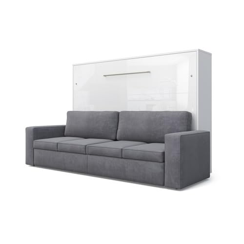 MAXIMAHOUSE Schrankbett horizontale mit Sofa, Invento LED 160H mit Lattenrost aus Holz, Wandklappbett 160x200 Erwachsene, modern Concept und Design, stabil,praktisch (Weiß/Weiß Glanz + graues Sofa)