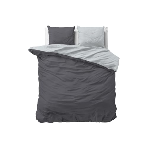 Sleeptime 100% Baumwolle Bettwäsche 200cm x 200cm Grau/Anthrazit - weich & bügelfrei Bettbezüge mit Reißverschluss - zweifarbiges Bettwäsche Set mit 2 Kissenbezüge 80cm x 80cm