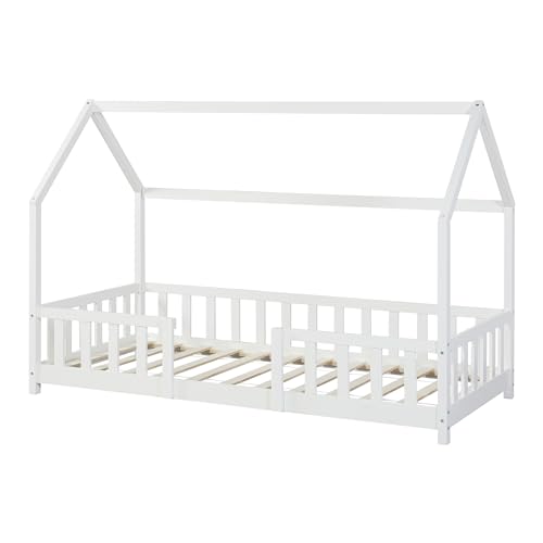 [en.casa] Kinderbett Sisimiut mit Matratze 90 x 200 cm Hausbett mit Rausfallschutz Holzbett für Kinder Bodenbett Lattenrost Kiefernholz Weiß