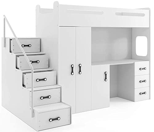 Interbeds Etagenbett Hochbett MAX 4 Größe 200x80cm mit Schrank und Schreibtisch, Farbe zur Wahl inkl. Matratze (weiß)