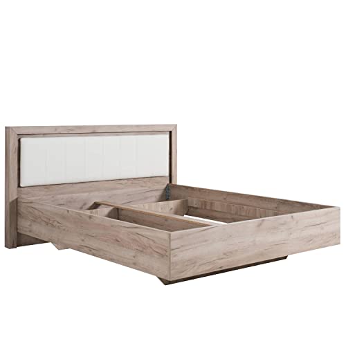 Homestyle4u 2183, Holzbett 160 x 200 Doppelbett Weiß Kunstleder Holz Eiche Massiv Bett 160x200 Schwebebett Modern