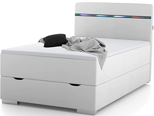 wonello Boxspringbett 120x200 mit Bettkasten, LED Beleuchtung und 2X USB Anschluss - gemütliches Bett mit einzigartiger Optik - Stauraumbett 120 x 200 cm beleuchtet weiß mit Matratze und Topper