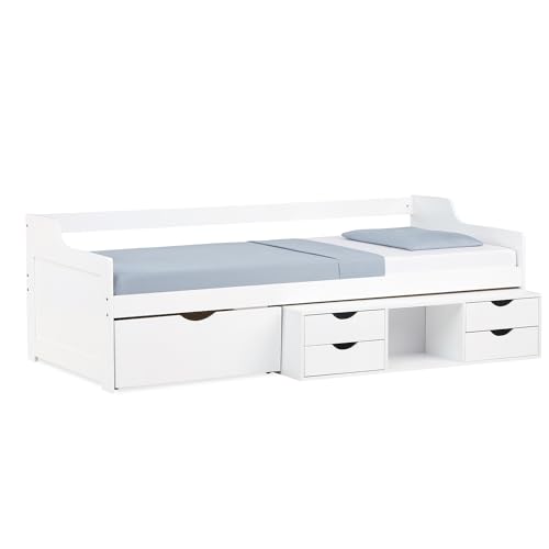 Homestyle4u 1422, Bett Holzbett 90x200 massiv mit Bettkasten Schubladen Lattenrost Weiß Jugendbett Bettgestell Holz