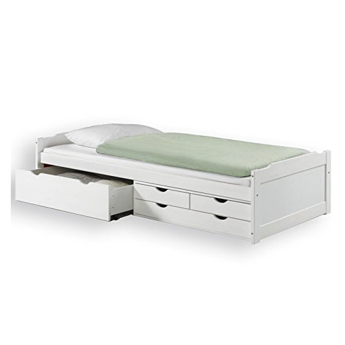 IDIMEX Bett mit Stauraum ANDREA Kiefer massiv weiss Bett 90x200 cm mit 4 Schubladen Gästebett