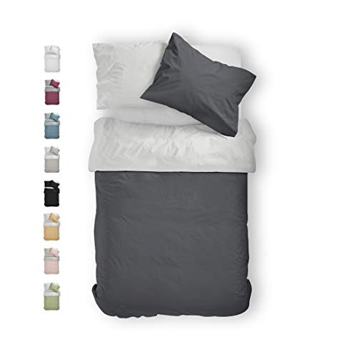BLUE MOON Premium Bettwäsche 140x200 cm Satin 100% Baumwolle Wendebettwäsche - Made in EU - 1x Bettbezug 140x200 cm und 1x Kopfkissenbezug 70x90 cm (hellgrau/anthrazit, 140 x 200 + 70 x 90 cm)