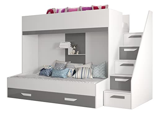 MEBLE KRYSPOL Party 16 Hochbett für Kinder, Jugendliche mit Stauraum - Etagenbett mit Schreibtisch, Kleiderschrank, Bücherregal und Trittleitern - 247x135x165 cm - Weiß, Grau, Weiß + Grau