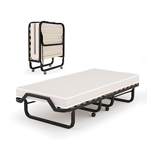 GOPLUS Gästebett 80×200cm, Klappbett mit Metallgestell & Memoryschaum-Matratze, Einzelbett mit 4 Universalrädern für Büro, Schlafzimmer & Wohnzimmer (Beige, 80×200cm)