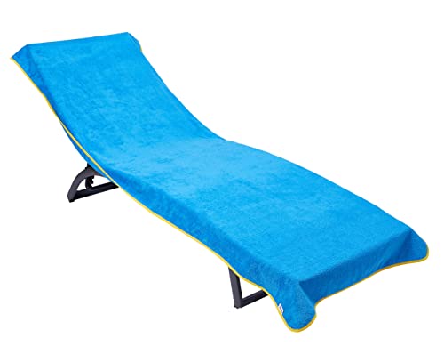 Sowel® Frottee Liegen Auflage, 100% Bio-Baumwolle, Strandtuch mit Kapuzenüberschlag, rutschfest für Strand- und Garten-Liegen, 220 x 85 cm, Blau/Gelb