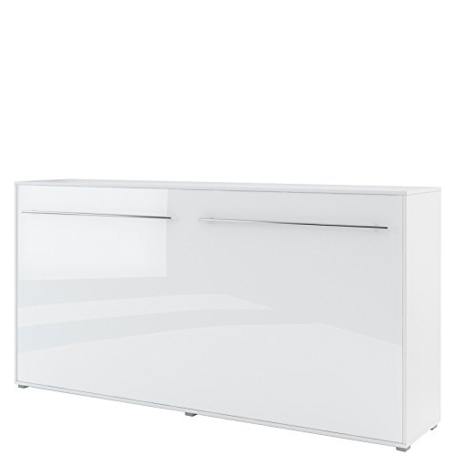 Schrankbett Concept PRO Horizontal, Wandklappbett, Bettschrank, Wandbett, Schrank mit integriertem Klappbett, Funktionsbett (90 x 200 cm, Weiß/Weiß Hochglanz, Horizontal)