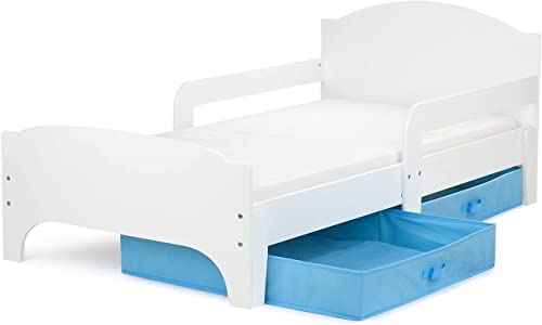 Leomark SMART Kleinkinderbett aus Holz - Weiße Farbe - Kinderbett mit Schubladen für Bettwäsche, Einzelbett mit Matratze, Stauraum, Rausfallschutz Lattenrost, Liegefläche 140 x 70 cm