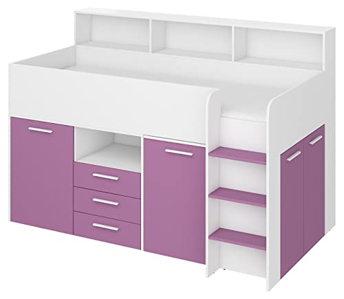 BIM Furniture Etagenbett NEO P Kindermöbel, Möbelset für Kinderzimmer, EIN Bett mit Schreibtisch, Regalen, Schubladen: Rechte Seite (weiß/Lavendel), 80 x 200 cm
