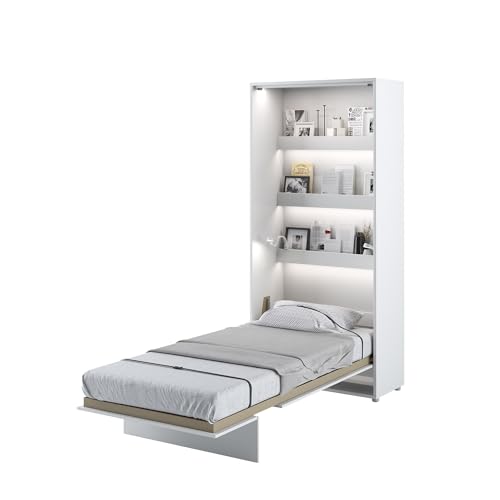 MEBLINI Schrankbett Bed Concept - Wandbett mit Lattenrost - Klappbett mit Schrank - Wandklappbett - Murphy Bed - Bettschrank - BC-03-90x200cm Vertikal - Weiß Hochglanz/Weiß