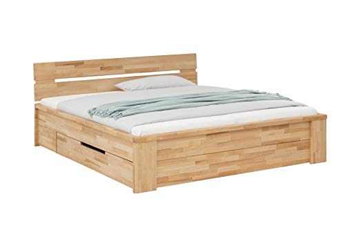 WOODLIVE DESIGN BY NATURE Massivholzbett Cassetta, 200 x 200 cm Stauraumbett aus Kernbuche, massives Holzbett mit Schubladen, hochwertiges Doppelbett mit Komforthöhe, Natur