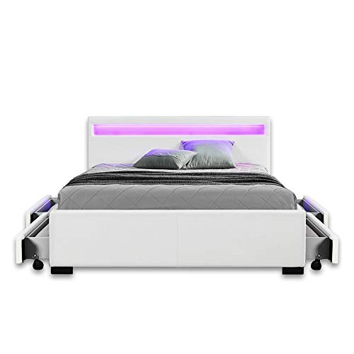 Home Deluxe - LED Bett Nube Weiß 180 x 200 cm - mit Schubladen weiß - Verschiedene Größen