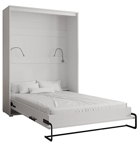 KRYSPOL Bett im Schrank Home, Vertikal, Schlafzimmer, Jugenzimmer, Modern Design (Weiß matt + Weiß matt, 140 x 200 cm)