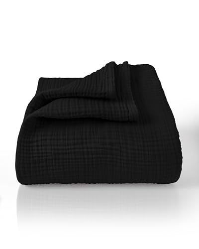 LAYNENBURG Premium Musselin Tagesdecke 150x200 cm - 100% Baumwolle - extraweiche Baumwolldecke als Kuscheldecke, Bett-Überwurf, Sofa-Überwurf, Couch-Überwurf - warme Sofa-Decke (Schwarz)