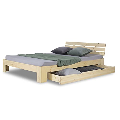 Homestyle4u 2250, Holzbett 140x200 mit Schubladen Natur, Doppelbett mit Lattenrost Bettkasten Bett Holz Kiefer