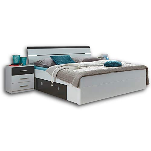 Stella Trading MARS Stilvolle Doppelbett Bettanlage 180 x 200 cm mit 2x Nachtkommoden - Schlafzimmer Komplett-Set in weiß / Lava-Optik - 216 x 97 x 185 cm (B/H/T)