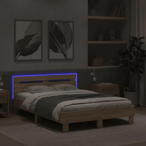 Faroom Holzbett Futonbett Bett 120 x 200 cm mit LED-Beleuchtung,Lattenrost & Kopfteil, Bettrahmen Holzwerkstoff Einzelbett Doppelbett Bettgestell Sonoma-Eiche