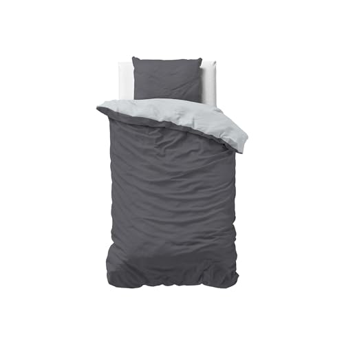Sleeptime 100% Baumwolle Bettwäsche 140cm x 220cm Grau/Anthrazit - weich & bügelfrei Bettbezüge mit Druckknöpfe - Bettwäsche Set mit 1 Kissenbezüge 60cm x 70cm