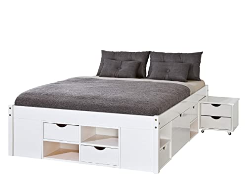 Funktionsbett | Stauraumbett | Bett mit Schubladen | Kiefer massivholz| Farbe Weiß lackiert |Für Erwachsene, Kinder, Jungendliche | Doppelbett | Bett mit Rost | Till Bett 180 x 200 cm