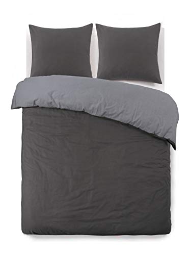 Vision - Bettwäsche, Flanell, anthrazit/grau, wendbar, Bettbezug 240 x 220 cm, mit 2 passenden Kissenbezügen 65 x 65 cm, 100% Baumwollflanell