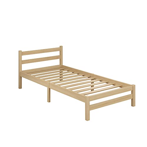 Panana Holzbett Einzelbett 90x190 Bett Natur Massive Holz Einzelbett Bettgestell mit Lattenrost und Kopfteil Kinderbett Jugendbett Gästebett Rahmen Kiefer (Natur)