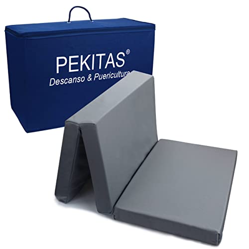 PEKITAS Matratze Klapp Reisebett 60x120 cm Höhe 6 cm für Baby Reisebettmatratze Bezug Waschbar Zusammenklappbar Transporttasche inklusive Grau