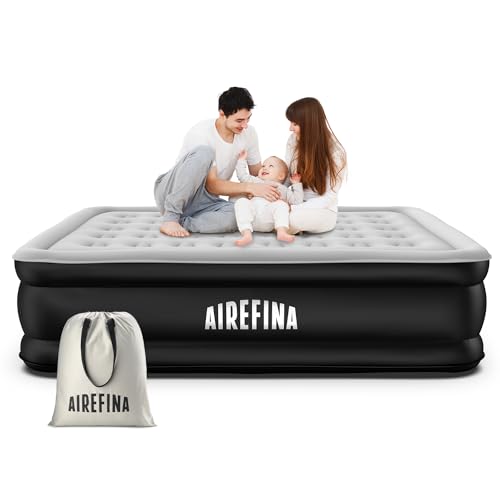 Airefina Queen Luftmatratze, Aufblasbare Matratze mit integrierter Pumpe, Luftbett Selbstaufblasend in 3 Minuten, Luftbett für Camping &Gästebett, Langlebig & Tragbar Luftbett 203 x 152 x 46cm