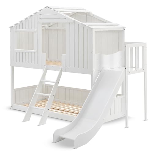 Juskys Kinderbett Baumhaus 90 x 200 cm mit Dach, Rutsche & Leiter - Etagenbett Weiß für Kinder - 2X Lattenrost bis 150 kg - Hausbett aus Massivholz