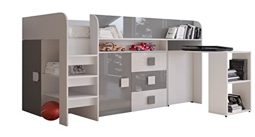 MEBLE KRYSPOL Toledo 1 Hochbett für Kinder, Jugendliche mit Stauraum - Etagenbett mit Schreibtisch, Kleiderschrank, Regal, Schubladen, Treppe - 203,3x106,6x125 cm - Weiß, Grau, Weiß + Grau