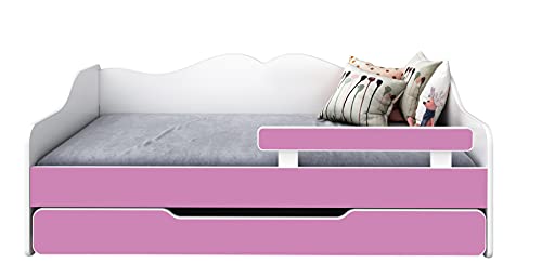 BDW - Kinderbett - Einzelbett mit Lattenrost, Matratze, Schublade, Rausfallschutz, Stauraum - Ausziehbar - Schlafsofa, Gästebett, Klappbett - Kinder-/Jugendzimmer - 160x70cm - Rosa