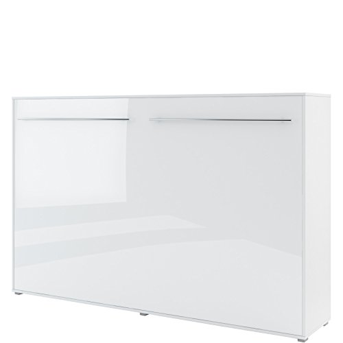 Schrankbett Concept PRO Horizontal, Wandklappbett, Bettschrank, Wandbett, Schrank mit integriertem Klappbett, Funktionsbett (120 x 200 cm, Weiß/Weiß Hochglanz, Horizontal)