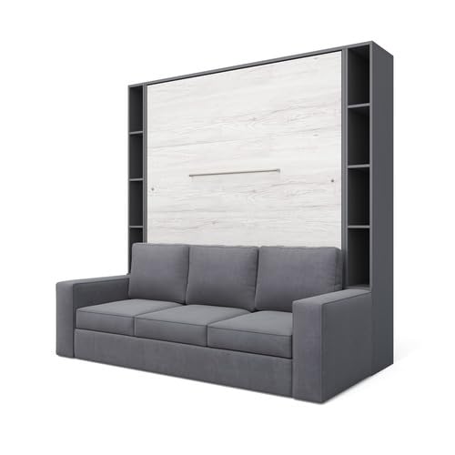 MAXIMAHOUSE Schrankbett vertikal Invento LED 160V (160x200) mit Sofa Milo und Regalen (Grau/Eiche Monaco + graues Sofa + Regalen)