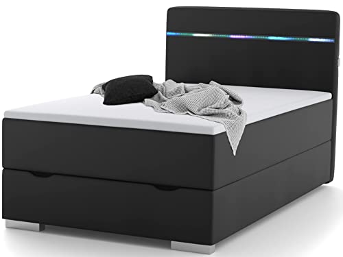 wonello Boxspringbett 120x200 mit Bettkasten, LED Beleuchtung und 2X USB Anschluss - gemütliches Bett mit einzigartiger Optik - Stauraumbett 120 x 200 cm beleuchtet schwarz mit Matratze und Topper