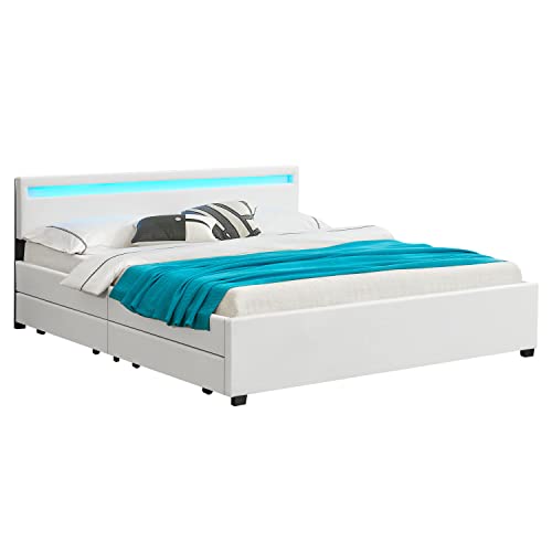 Juskys Polsterbett Lyon 180x200 cm mit Bettkasten, LED Beleuchtung, Lattenrost & Kunstleder, weiß, Bett Bettgestell Doppelbett Ehebett