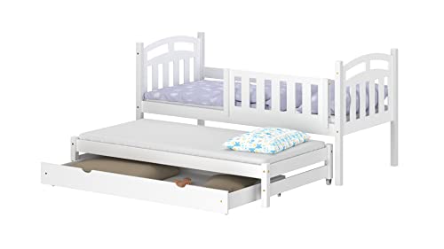 WNM Group Kinderbett Ausziehbar mit Rausfallschutz Suzie - aus Massivholz - Ausziehbett für Mädchen und Jungen - Bett mit Schublade - Funktionsbett 190x90 / 180x90 cm - Weiß