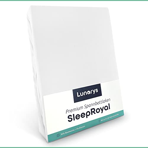 Lunarys® SleepRoyal Luxus Spannbettlaken 160x200 cm - Weiß - 250 g/m² Premium Bettlaken - 40 cm Steghöhe - für hohe Matratzen, Boxspringbett / Matratze + Topper & Wasserbett - Stretch Jersey