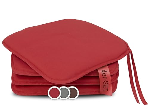 ZOLLNER 4er Set Sitzkissen in 38x38cm - gemütliche Stuhlkissen mit Bindebänder - waschbar bis 30°C - in rot - Oeko Tex® Zertifiziert