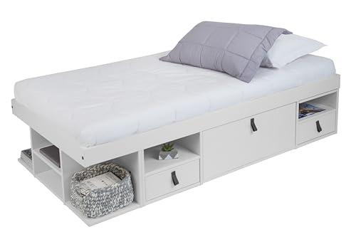 Funktionsbett Bali 90x190 Weiss - Schrankbett mit viel Stauraum u. Schubladen, optimal fÈr kleine Schlafzimmer - Bett mit Aufbewahrung Massivholz Weiss lackiert - Einzelbett inkl. Lattenrost