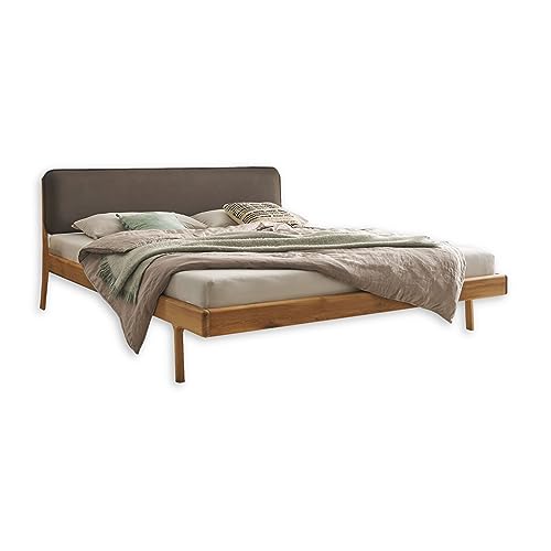 JERIK Modernes Massivholzbett 180x200 - Komfortables & hochwertiges Balkenbett mit gepolstertem Kopfteil - 187 x 89 x 210 cm (B/H/T), Eiche Massiv