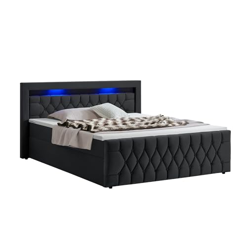 Juskys Boxspringbett Leona 180x200 cm - Bett mit LED Beleuchtung, Topper & H4 Federkern Matratzen - Einzelbett Schwarz mit Samt und Steppung